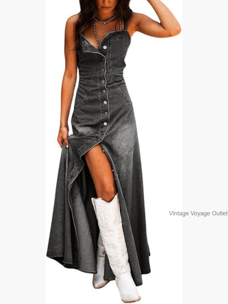 Women's Denim Maxi Dress Spaghetti Strap Smocked Back Button Down A-Line